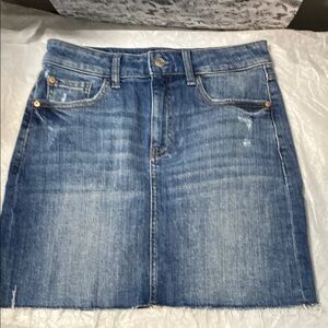 M1858 | Emery 5 Pocket Blue Denim Mini Skirt - distressed Hem - Small